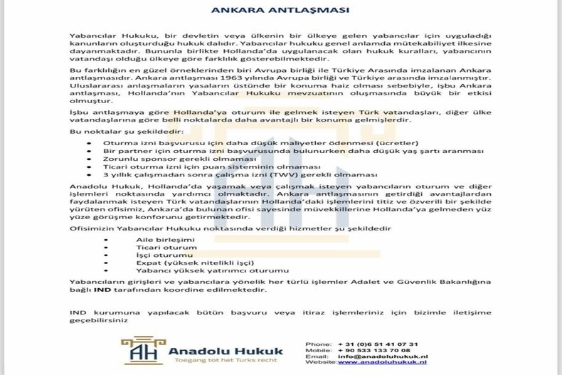 ANKARA ANTLAŞMASI HOLLANDA OFİSİMİZ