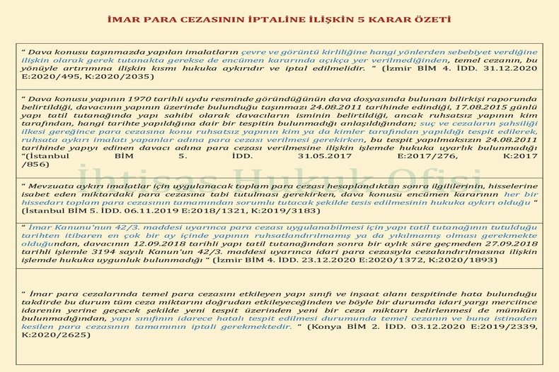 İMAR PARA CEZASININ İPTALİNE İLİŞKİN 5 KARAR ÖZETİ